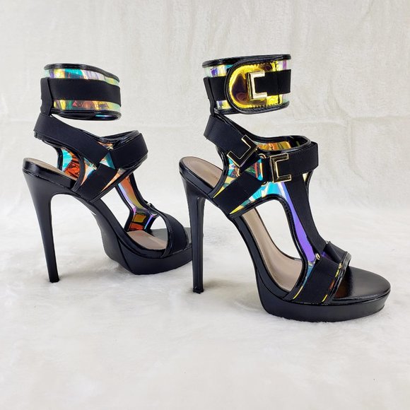 Sexy Mini Platform 5" High Heel Harness Strap Shoes Black - Picture 7 of 9